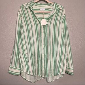 NWT Aritzia Little Moon Green Striped 100% Cotton Gauzy Button Down Shirt M